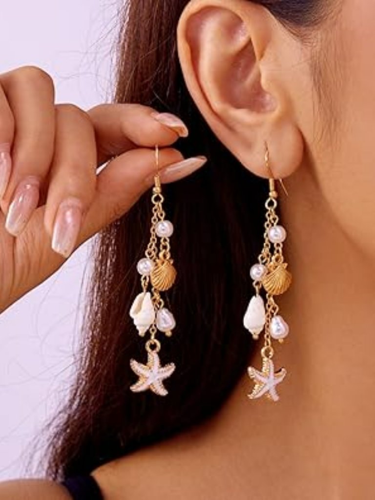 Starfish Pearl Earring Boho Beach Gold Conch Bohemian Sea Shell Ocean Vacation